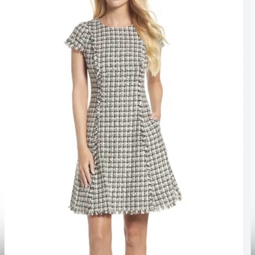 ELIZA J Black Ivory White Plaid Fringe Dress.  Sz 6